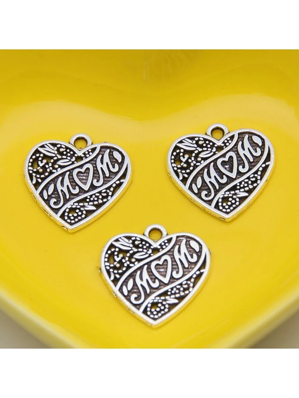 Antique Silver Plated Art Nouveau Mom Heart Charms Pendants 2 pcs